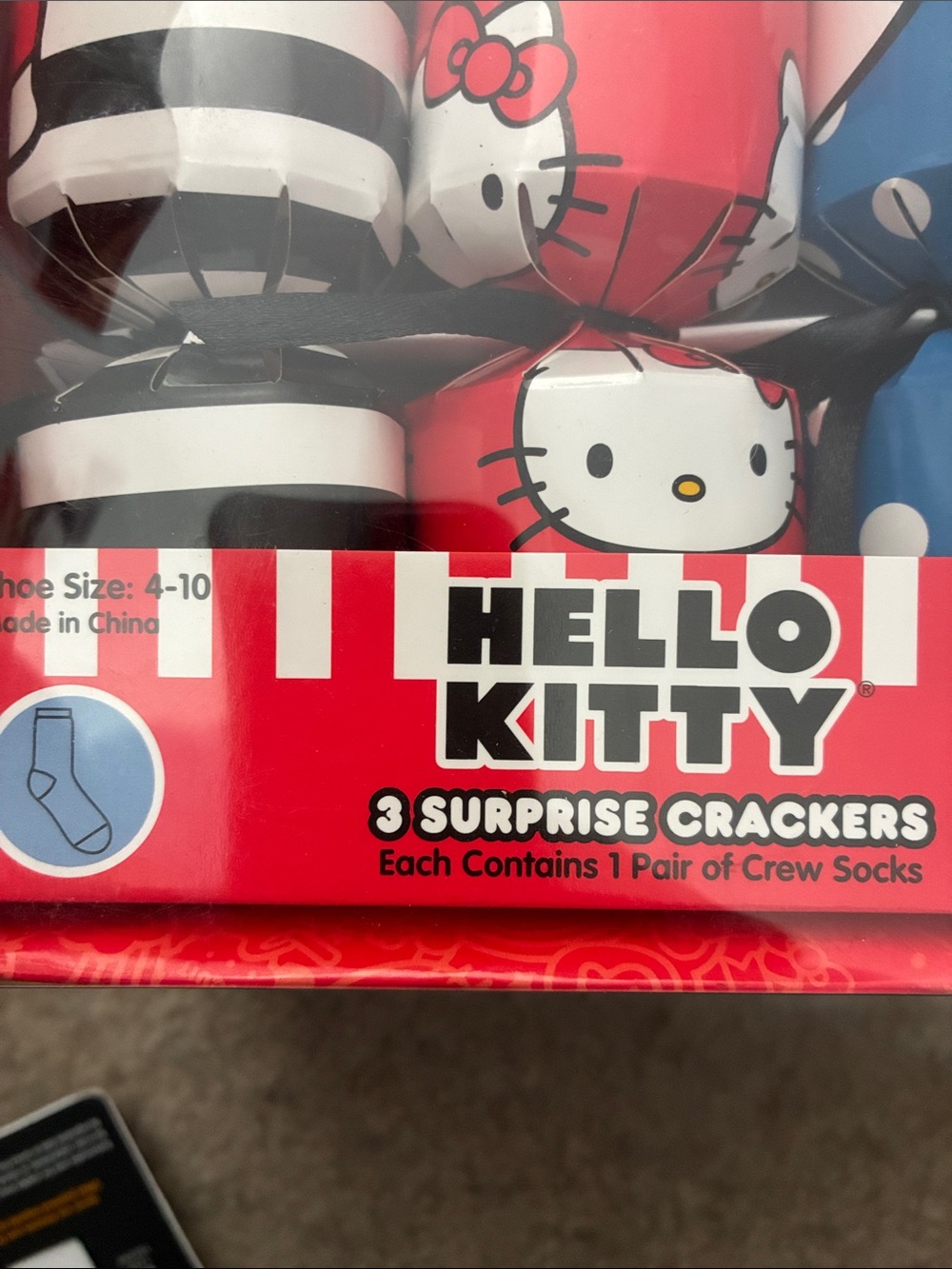 🎉Hello Kitty Red Black Blue Polka Dot & Stripe Sock Crackers - Picture 2 of 3